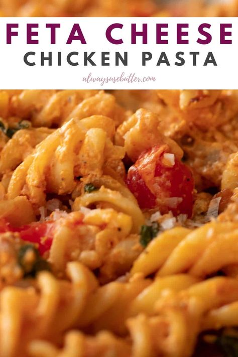 This Creamy Chicken Pasta with Feta Cheese is done in 30 minutes and has loads of Feta cheese melted into a creamy crème fraîche sauce. With chicken, basil and cherry tomatoes this is the ultimate weeknight pasta. Pasta With Feta Cheese, Pasta With Feta, Chicken Basil, Weeknight Pasta, Chicken Receipes, Feta Chicken, Creamy Chicken Pasta, Cherry Tomato Pasta, Feta Recipes