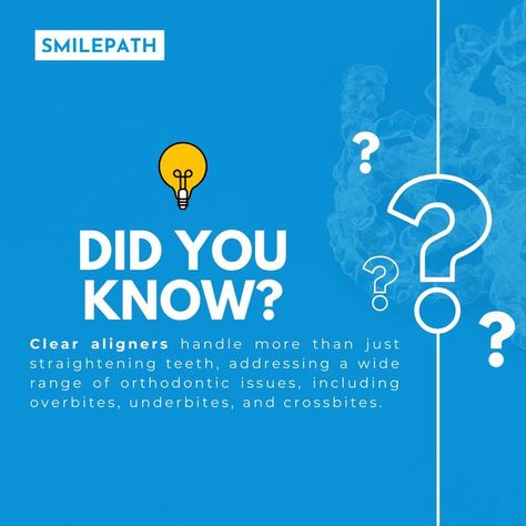 Did you know? Clear aligners are not just for straightening teeth! They tackle a whole range of orthodontic issues like overbites, underbites, and crossbites. . . . #Smilepath #dental #didyouknow #doyouknow #fact #facts #facts💯 #facts‼️ #dentalcare #dentalhealth #dentalfact #smile #brightsmile #orthodontists #clearaligners Dental Images, Myths And Facts, Dental Facts, Clear Aligners, Teeth Straightening, Bright Smile, Dental Clinic, Dental Health, Dental Care