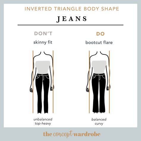 the concept wardrobe | Avoid skinny jeans, simple styles, and darker colours that take attention away from your lower body. Instead, opt for styles that flare from the knee - such as bootleg, wide, boyfriend style, and baggy jeans, to give the illusion of shape. Details in hip, bottom, and thigh area are also excellent to draw the eye downwards. Opt for jeans in lighter colours than your tops to further draw the attention away from your shoulders. Thighs Drawing, Hourglass Body Shape Fashion, Pear Body Shape Fashion, Hourglass Body Shape Outfits, Jam Pasir, Pear Body Shape Outfits, Triangle Body Shape Outfits, Pear Shape Fashion, Pear Shaped Outfits