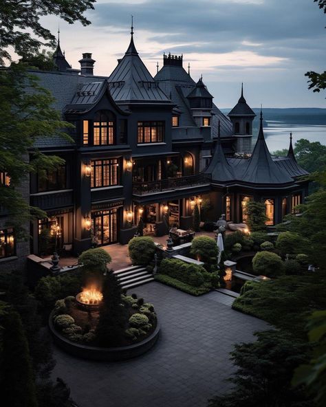 Gothic Modern House, Vampire House, Arsitektur Art Deco, Gothic Mansion, Human Base, Mansion Exterior, Lake Villa, Luxury Houses Mansions, Homes Exterior