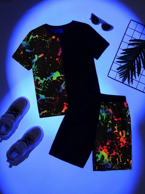 Glow Party Outfit, Casual Home Outfits, Neon Glow Party, Splattered Paint, Ankle Socks Women, Glow Party, Neon Glow, Short T Shirt