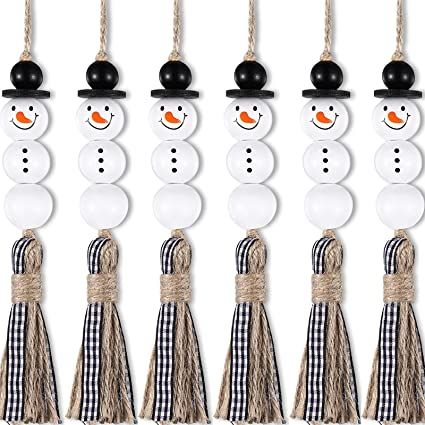 Hanging Party Decor, Bead Garland Christmas Tree, Wooden Farmhouse, Farmhouse Christmas Ornaments, Wooden Snowman, Hanging Beads, Wooden Bead Garland, Christmas Hanging Decorations, Christmas Hanging