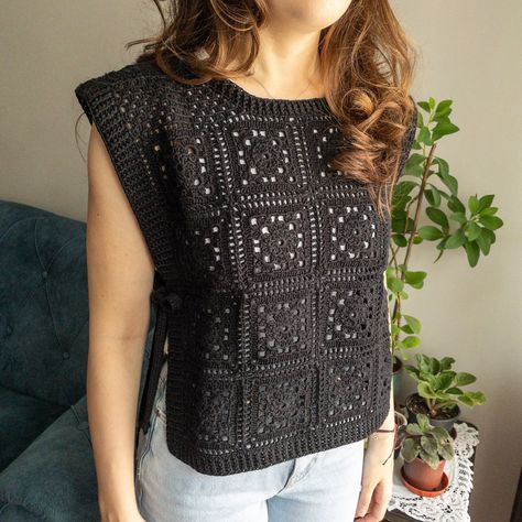 Crochet Skeleton Sweater Vest, Black Crochet Vest, Crochet Checkered Vest Pattern, Checkered Vest Crochet, Crochet Checkered Sweater Vest, Crochet Black, Vest And Tie, Hacks Clothes, Black Vest