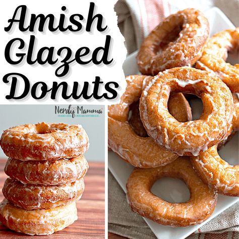 Amish Glazed Donuts - An Old Fashioned Donut Recipe - Nerdy Mamma Amish Doughnut Recipe, Old Fashioned Donut Recipe, Amish Donuts Recipe, Amish Desserts, Raised Donuts, Old Fashioned Donut, Mennonite Recipes, Dairy Free Coffee, Homemade Donuts Recipe