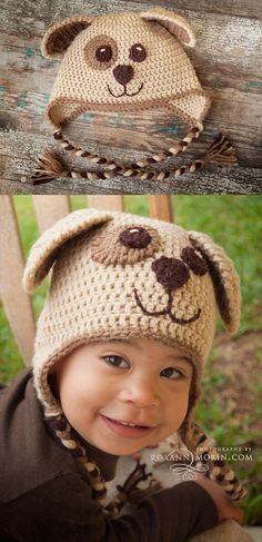 Puppy Hat Crochet, Crocheted Bear, Pola Topi, Puppy Hats, Crochet Hat With Brim, Easy Crochet Hat, Crochet Kids Hats, Hat Patterns Free, Crocheted Hat