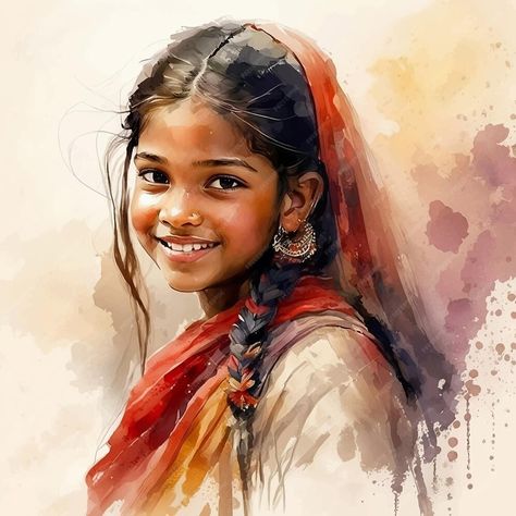 Premium Vector | Portrait of indian woman water color paint Indian Woman Watercolor, Tessellation Art, Watercolor Indian, Watercolor Art Face, Indian Women Painting, Watercolor Portrait Painting, Watercolor Paintings Nature, Canvas Art Projects, Beautiful Art Paintings