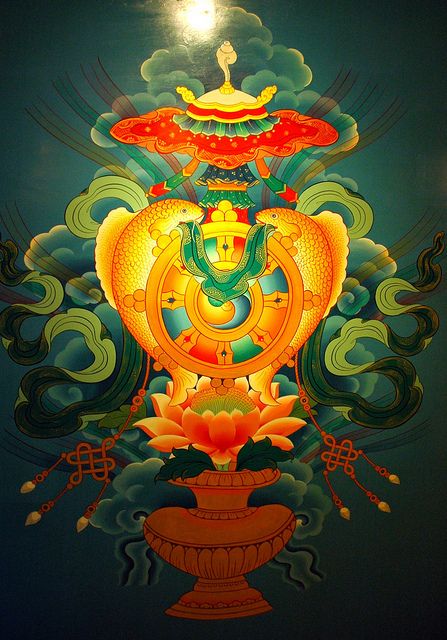 Eight Auspicious Symbols, wall mural, Tibetan Buddhist symbols; vase, flower, infinity knot, wheel, fish, banner, umbrella, shell, hotel, Boudha, Kathmandu, Nepal by Wonderlane, via Flickr Buddhist Symbol Tattoos, Wheel Fish, Fish Banner, Eight Auspicious Symbols, Tibetan Symbols, Buddhist Artwork, Tibet Art, Buddhism Symbols, Guru Rinpoche