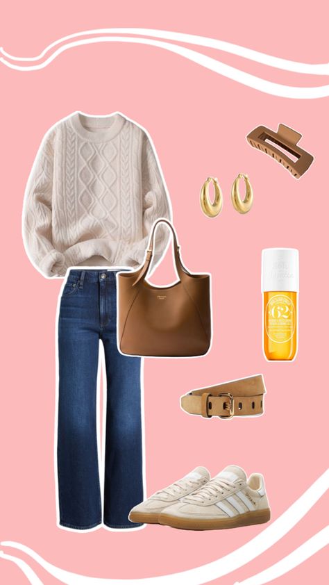 cute, casual, simple outfit. outfit for day out, school outfit, back to school outfit, university outfit, college outfit. light beige adidas spezial, beige belt, brown bag (prada bag), dark wash straight cut jeans, light beige sweater, sol de janeiro 62, gold small hoop earrings, beige claw clip. Brown Belt Outfit, Gold Small Hoop Earrings, Beige Adidas, Outfit College, University Outfit, College Outfit, Back To School Outfit, Bag Prada, Adidas Spezial