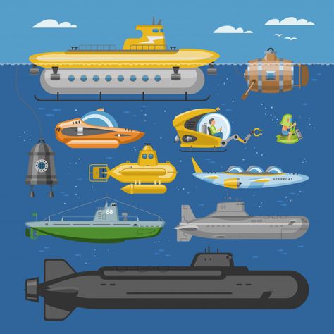 Submarine sea pigboat or marine sailboat... | Premium Vector #Freepik #vector #background Submarine Drawing, Boat Icon, Transport Illustration, Boat Cartoon, Boats Fishing, Boat Vector, Ocean Illustration, Toy Boats, Transportation Poster