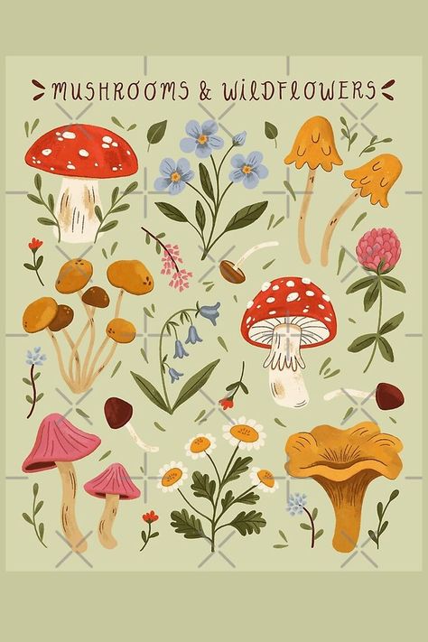 Flowers And Mushrooms Painting, Flowers And Mushrooms Drawing, Procreate Mushroom Drawing, Mushrooms And Wildflowers, Woodland Creature Illustration, Foraging Illustration, Mushroom Illustration Cute, Cottage Core Illustration, Toadstool Illustration