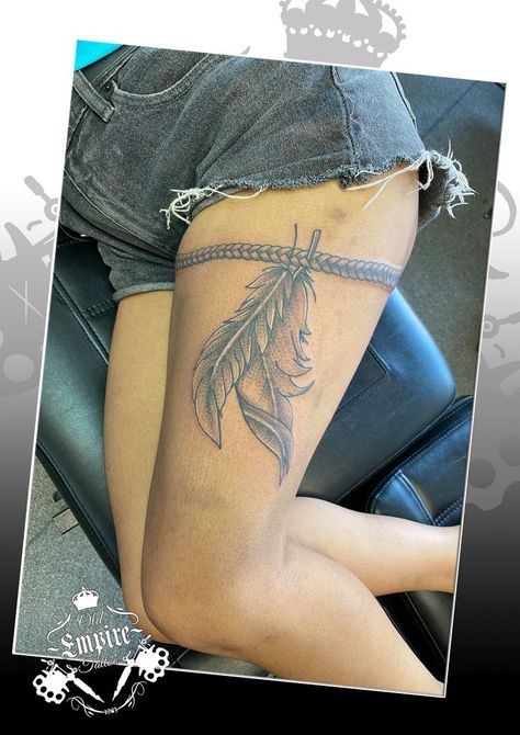 Beautiful braid and feathers tattoo 🪶 client sat super well for this leg piece @oldempiretattoo #legtattoo #feathertattoo #thightattoo #femininetattoo #oldempiretattoos #feather #ropetattoo Thigh Feather Tattoo Women, Braided Sweetgrass Tattoo, Sweetgrass Tattoo, Feathers Tattoo, Thigh Garter Tattoo, Thigh Band Tattoo, Rope Tattoo, Thigh Band, Garter Tattoo