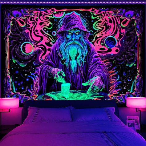 PRICES MAY VARY. BLACK LIGHT /UV REACTIVE: Our trippy wizard tapestry features a special glow in the dark effect, when the UV light is turned on, the wizard,magical runes and dollars on the tapestry will emit an enchanting fluorescent light that will energize your room. UNIQUE DESIGN: This UV reactive tapestry features an alchemist wizard in purple robes standing in front of a vat of magical dollars, surrounded by eye decorations and an ethereal magical aura in the background. SUPERIOR QUALITY: Eye Decorations, Magical Runes, Uv Party, Tapestry For Bedroom, Blacklight Tapestry, Tapestry Hanging, Room Unique, Magic Eyes, Uv Reactive