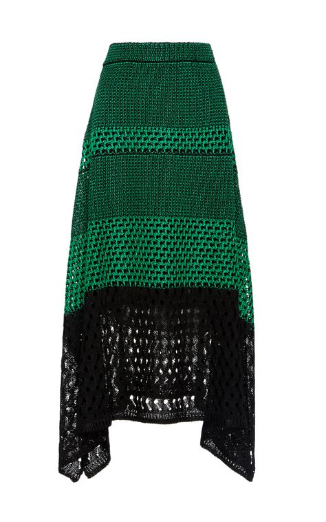 Open Stitch Midi Skirt With Handkerchief Hem by PROENZA SCHOULER Now Available on Moda Operandi Crochet Midi Skirt, Skirts Green, Baby Romper Pattern, Crochet Maxi Skirt, Crochet Skirt Pattern, Crochet Patterns Free Beginner, Mid Calf Skirt, Rayon Skirt, Crochet Midi