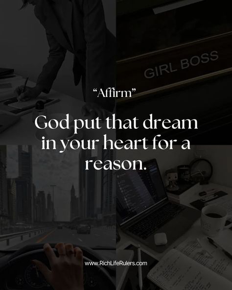 Here's you should know, why your dreams matter ⤵️ God placed that dream deep in your heart because it has a purpose, a reason meant just for you. 🌟 It's like a special guide to what makes you happy and fulfilled. So, don't ignore it—believe in it! Embrace that dream, hold onto it, and let it guide you to a richer, more satisfying life. 💫 Follow @richliferulers1 for inspiration and practical tips on turning your dreams into reality. We're here to cheer you on! 🥂 Now, imagine this: What ... God Gave You That Dream For A Reason, God Put That Dream For A Reason, God Put That Dream In Your Heart, Reason Quotes, Song Min-gi, Soft Life, Dreams Into Reality, Canvas Ideas, Future Lifestyle