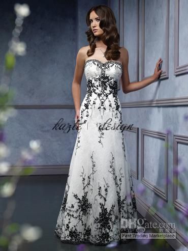 Discount Vintage Gothic Bridal Wedding Gown 2018 Plus Size Sweetheart Black Embroidery Accented A Line Black And White Wedding Dress Bridal Stores Bride Dress From Kazte, $141.31| DHgate.Com Wedding Dress With Black, Classy Halloween Wedding, Halloween Wedding Dresses, Wedding Dresses Taffeta, Gowns Black, Colored Wedding Dress, White Bridesmaid, Gothic Wedding Dress, White Wedding Gowns