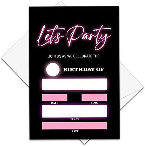 ZIIUFRN Let'S Party Birthday Invitation, Neon Black & Pink Invitations With Envelopes(4" X 6"),Teens Fill-In Birthday Party Personalized Invites For Boys & Girls-a08 Girl Birthday Invitations, Neon Black, Birthday Invitations Girl, Pink Invitations, 9th Birthday, Party Birthday, Girl Birthday, Birthday Invitations, Boy Or Girl