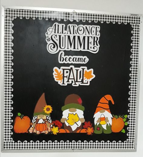 Fall Gnome Bulletin Boards, Nursing Bulletin Board Ideas Hospital Fall, Fall Bulletin Board Ideas For Work, Gnome Bulletin Board Ideas, Billboard Ideas, Homeschool Wall, Fall Bulletin Board, Spring Bulletin, Fall Gnomes