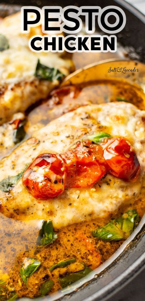 This pesto chicken recipe has a luxurious pesto sauce with tomatoes and topped with mozzarella! It's a 30 minute meal that's good enough for your guests. Chicken With Pesto Sauce, Cheesy Pesto Chicken, Easy Pesto Chicken, Tomato Pesto Chicken, Recipe Using Tomatoes, Pesto Chicken Recipe, Tomato Pesto Sauce, Lemon Pesto Chicken, Tomato Sauce Chicken