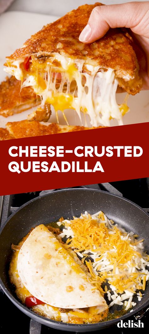 These quesadillas are wrapped in a BLANKET of cheese. Get the recipe at Delish.com. #recipe #easy #easyrecipes #delish #cheese #chicken #mexicanfood #mexican #quesadilla #peppers Mexican Quesadilla, Cheese Quesadilla Recipe, Wrapped In A Blanket, Cheese Crust, Cheese Quesadilla, Cheese Chicken, Quesadilla Recipes, Crusted Chicken, Quick Weeknight Meals