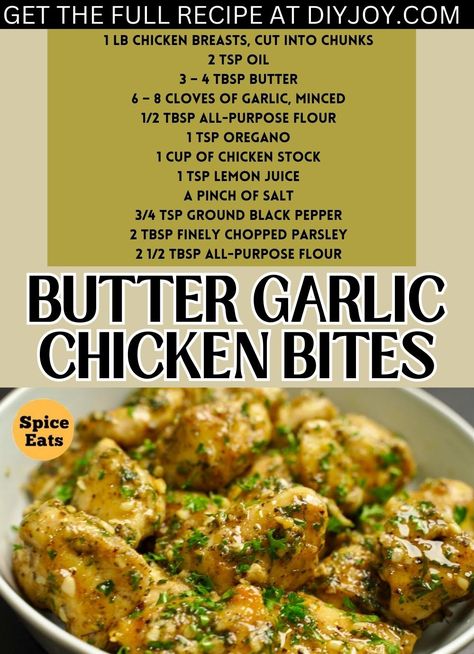 Butter Garlic Chicken Bites Recipe via @diyjoycrafts Barbecue Chicken Bites, Butter Garlic Chicken, Garlic Chicken Bites, Chicken Bites Recipe, Garlic Butter Chicken Bites, Butter Chicken Bites, Chicken Bites Recipes, Chicken For Dinner, Bites Recipes