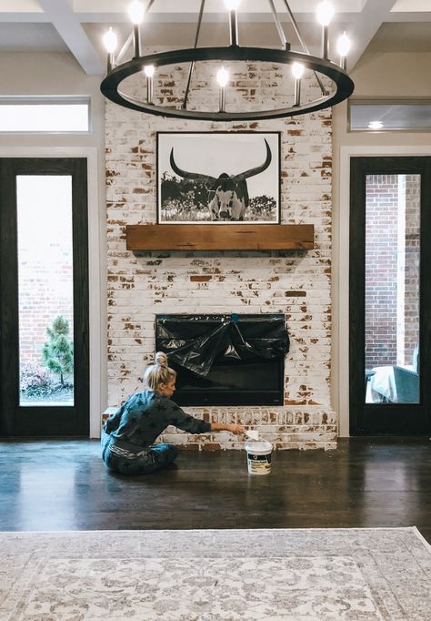 Old Mill Brick, German Smear, Diy Farmhouse Ideas, Western Living Room, Brick Veneer, Farmhouse Ideas, Western Homes, Home Fireplace, Fireplace Makeover