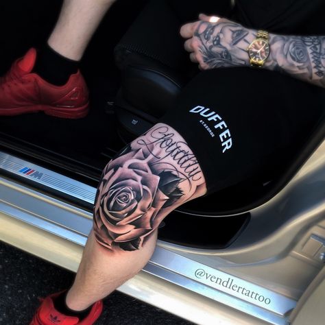 Tattoos for men, tattoo, rose tattoo Leg Tattoos For Guys, Rose Tattoo Leg, Tattoo Calf, Rose Tattoo Sleeve, Rose Tattoos For Men, Skeleton Hand Tattoo, Leg Tattoo Men, Leg Sleeve Tattoo, Knee Tattoo