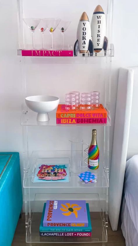 Eccentric Shelf Decor, Fashion Designer Room Decor Ideas, Funky Nyc Apartment, Disco Themed Apartment, Aesthetic White Apartment, Bright Apartment Decor Living Room, Early 20s Apartment Decor, Colorful Bar Cart Styling, Girly Nyc Apartment