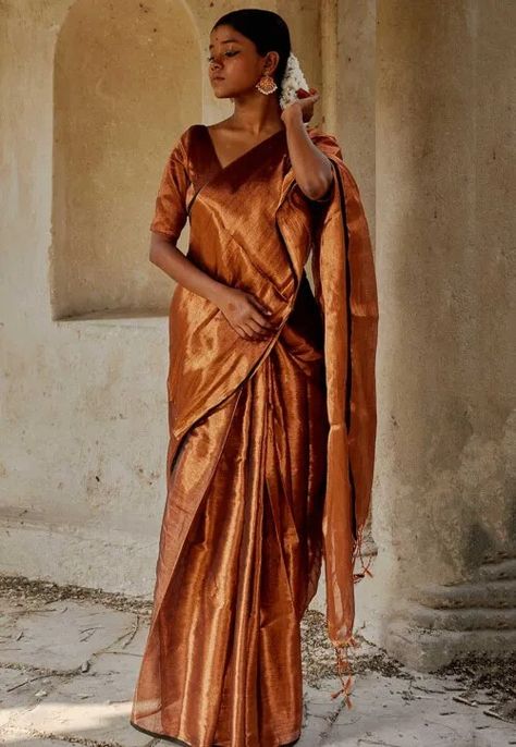 Handloom Tissue Saree in Bronze : SEG96 Apsara Dance, Orange Saree, Tissue Saree, Back Neck Designs, Drape Saree, Utsav Fashion, Saree Border, Traditional Fabric, Dresses Dresses