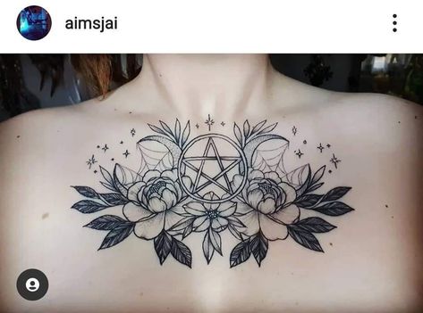 Triple Moon Chest Tattoo, Witch Chest Tattoo Ideas, Pentagram Chest Tattoo, Witchy Throat Tattoo, Witchy Stomach Tattoo, Pentacle Tattoo Design, Spooky Thigh Tattoo, Witchy Chest Tattoo Female, Witchy Neck Tattoo