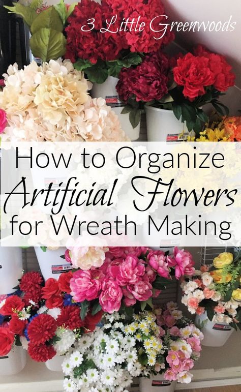 Organizing Artificial Flowers, Faux Flower Wall Storage, Silk Floral Storage Ideas, Organizing Floral Stems, Wreath Supply Organization, Artificial Wreath Making, How To Organize Artificial Flowers, Silk Flower Storage Ideas Craft Rooms, Wreath Making Craft Room Ideas