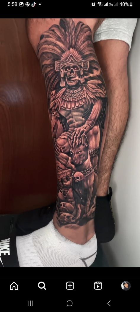 Aztec Skeleton Tattoo, Aztec Leg Tattoo Men, Mexican Leg Sleeve, Michoacan Tattoo Ideas, Aztec Forearm Tattoo For Men, Aztec Leg Tattoo, San Diego Padres Tattoo, Aztec Arm Tattoo, Outside Forearm Tattoo Men Ideas