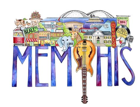 Tennessee Illustration, Hand With Pencil, Tennessee Food, Memphis Zoo, Memphis Art, Travel Inspired Decor, Graceland Memphis, Southern Art, Beale Street