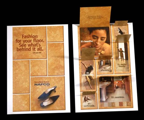 This advertisement is an interesting involve the reader example. "See what's behind it all" is referring to the life that lives on the flooring. When the reader lifts each tile, they are given an example of what happens on the floor. Interactive Magazine Ads, Interactive Advertisement, Ikea Campaign, Magazine Concept, Family Newsletter, Interactive Magazine, Advertising Inspiration, Interactive Poster, Catalog Ideas