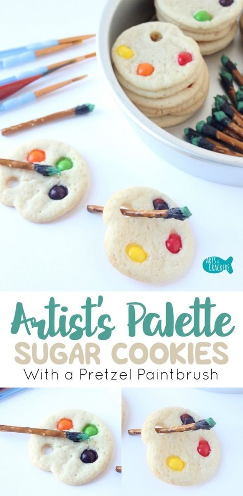 Artists big and small will love these simple Artist Palette Sugar Cookies with Pretzel Paintbrushes | Cookies | Sugar Cookies | Shaped Sugar Cookies | Dessert | Edible Crafts | Art | Artist | Painting | Skittles | Treats for Kids | Party Food | Baking | S Sugar Cookie Desserts, Shaped Sugar Cookies, Coloring Party, Themed Snacks, Pretzel Cookies, Treats For Kids, Cookies Sugar, Edible Crafts, Food Baking