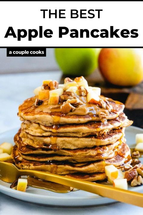 These cozy-spiced apple cinnamon pancakes are a healthy way to start the day! They're deliciously wholesome, made with oats and maple syrup. #applecinnamonpancakes #applepancakes #applecinnamon #oatmealpancakes #oatmeal #easypancakes