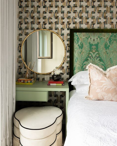 This master bedroom was a fun challenge, combining the client’s love for bold colours and eclectic patterns 🍃. We chose green as the main palette, softened by pink accents for contrast (also the client’s favourite colours 🌸). The result is a playful yet grounded look. The space was limited (a typical London flat dilemma!), so instead of a traditional vanity spot, we designed a bespoke vanity and bedside table to fit perfectly. We placed the vanity next to the bed, balanced by a matching bedsi... Nell Hills, Traditional Vanity, London Flat, Slumber Party, Pink Accents, Slumber Parties, Fun Challenges, Main Bedroom, Bits And Pieces