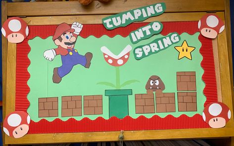 Super Mario School Bulletin Board, Super Mario Brothers Bulletin Board, Mario Brothers Bulletin Board Ideas, Mario Themed Bulletin Board, Mario Themed Classroom Bulletin Boards, Donkey Kong Bulletin Board, Super Mario Classroom Decorations, Mario Bulletin Board Ideas, Board Game Themed Bulletin Boards