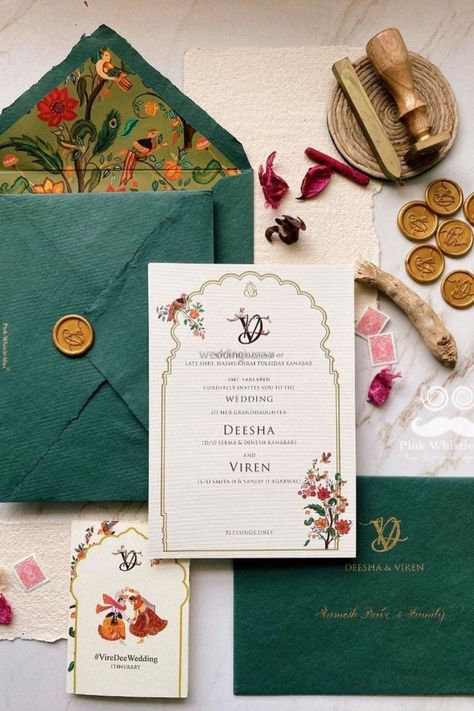 Green Wax Seal, Wax Seal Wedding, Hindu Wedding Invitation Cards, Indian Invitations, Wedding Invitation Designs, Wedding Card Design Indian, Indian Wedding Invitation Card Design, Hindu Wedding Invitations, Unique Wedding Cards