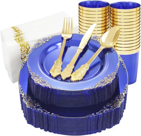 Nervure 175PCS Clear Blue Gold Plastic Plates Sets Include 25Dinner Plates, 25Dessert Plates, 25Cups, 25Forks, 25Knives, 25Spoons, 25Napkins for Weddings & Party Gold Plastic Silverware, Clear Plastic Plates, Gold Plastic Plates, Plastic Dinnerware Sets, Disposable Plastic Plates, Gold Plates, Plastic Silverware, Gold Dinnerware, Plastic Dinnerware