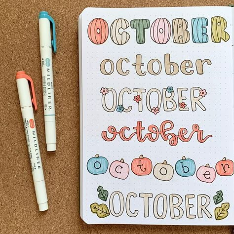 Calendar Design Journal, Bujo Monthly Theme Ideas, Bujo Tracker Ideas Monthly, October Lettering, Notes Theme, Monday Journal, Bullet Journal Month, Journal Lettering, Bullet Journal Ideas Templates