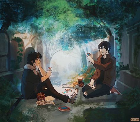 Look at this amazing idea i got commissioned to draw by @vanessavetor ☺ Nico and Anubis playing mythomagic cards at the cemetary🤫… Mythomagic Cards, Kane Chronicals, The Kane Chronicles, Zio Rick, Rick Riordan Series, Will Solace, Percy Jackson Quotes, Percy Jackson Fan Art, Percy Jackson Characters