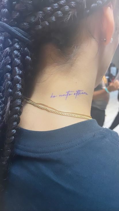 Word Tattoo On Neck For Women, Neck Tattoo Cursive Writing, Behind Neck Tattoo Woman Words, Horizontal Neck Tattoos Women, Small Word Neck Tattoos For Women, One Word Neck Tattoos Women, Writing On Neck Tattoo, Cursive Name Tattoo On Neck, Cursive Neck Tattoos Women