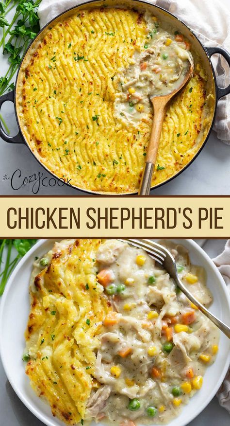 Chicken Shepherd's pie in a skillet on and also on a plate with a mix of vegetables Dinner Idea With Chicken, Chicken Shepherd's Pie, Chicken Pie Recipe, Chicken Mashed Potatoes, Leftover Chicken Recipes, Potato Dinner, Easy Pie Recipes, With Mashed Potatoes, Chicken Pie