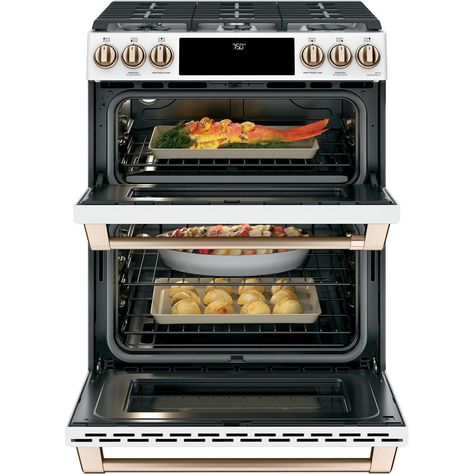 Cafe 30 in. 6.7 cu. ft. Slide-In Double Oven Gas Range with Self-Cleaning Convection in Matte White, Fingerprint Resistant-CGS750P4MW2 - The Home Depot Double Oven Electric Range, Double Oven Gas, Gas Range Double Oven, Double Oven Range, Convection Range, Slide In Range, Induction Range, Steam Oven, Glass Cooktop