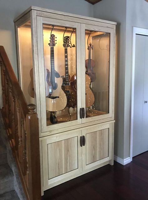 Guitar display cabinet http://bit.ly/2SmAZiJ #diy #Do it Yourself #diy projects Guitar Storage Cabinet, Guitar Display Case, Woodworking Desk Plans, Guitar Storage, Wall Wardrobe Design, Guitar Display, Type Of Wood, Guitar Room, Cabinet Plans