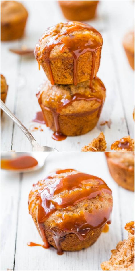 Salted Caramel Buttermilk Brown Sugar Muffins - Soft, fluffy muffins that are dripping with salted caramel! Best breakfast ever! Caramel Muffins, Brown Sugar Muffins, Fluffy Muffins, Muffins Recipes, Averie Cooks, Caramel Drizzle, Muffin Man, Caramel Brown, Breakfast Breads