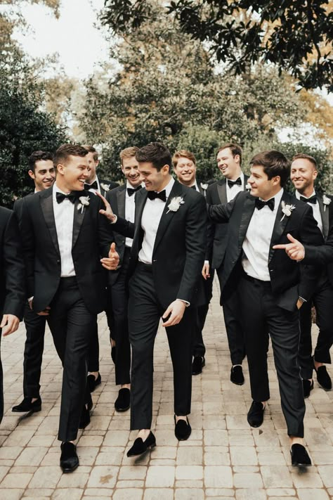 Black Tie Fall Wedding at Cloverleaf Farm In Georgia Downtown Raleigh Wedding Photos, Unique Black Tuxedo Wedding, Groomsmen Attire Aesthetic, Groomsmen Black Tie Attire, Black White Groomsmen Attire, Black Tie Champagne Wedding, Wedding Photo Inspo Groomsmen, Different Wedding Photos, Wedding Color Scheme With Black