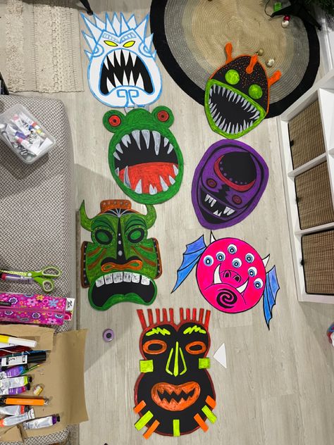 Costuming for Moana Jr - fluorescent painted masks on A2 foam board Moana Jr Set, Moana Monsters, Moana Set Design, Moana Jr Set Design, Moana Jr Costumes, Moana Jr, Monster Masks, Painted Masks, Musical Design