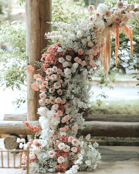 Flower Arch For Engagement, Pastel Flower Arch Wedding, Flower Arch Engagement, Wedding Flower Arrangements Arch, Pink Flower Arch Wedding, Pastel Pink And Orange Wedding, Sage And Peach Wedding, Pink And Beige Wedding, Wedding Arch Pink