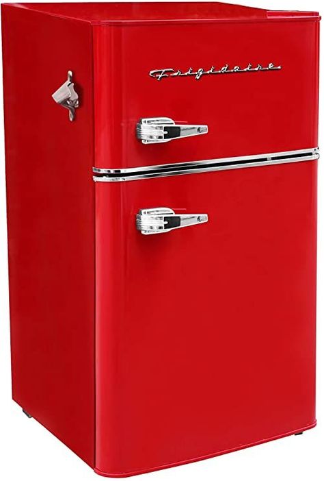 Frigidaire EFR840-RED 3.2 Cu Ft Red 2 Door Retro Bar Fridge with Side Bottle Opener 2 Door Refrigerator, Red Fridge, Retro Mini Fridge, Bar Fridge, Mini Fridge With Freezer, Compact Fridge, Bar Refrigerator, Best Refrigerator, Frigidaire Refrigerator